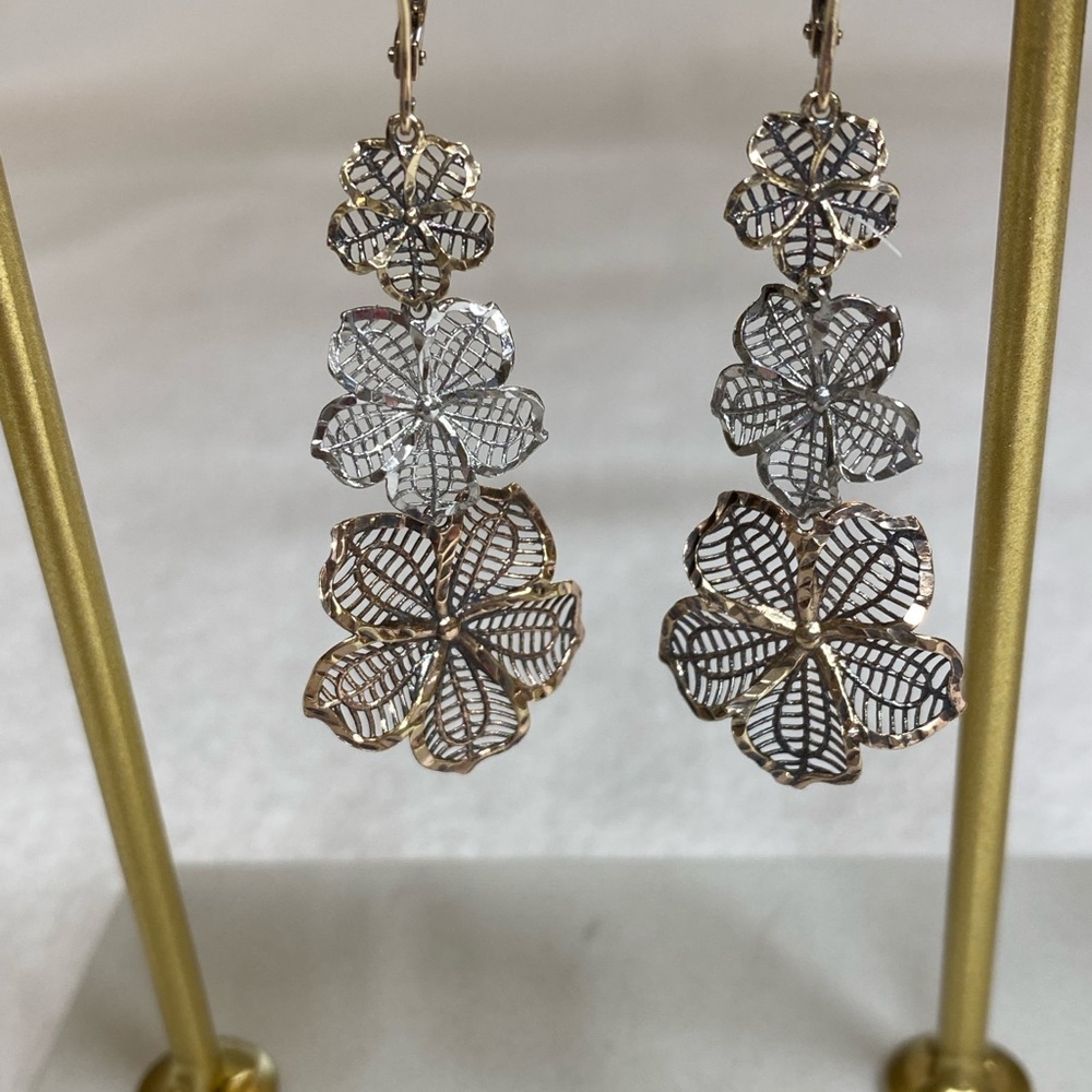 Tricolor Silver and Gold Floral Earrings and Bracelet Set